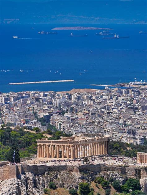 Athens Greece Panoramic View Of The Urban Texture With Parthenon And