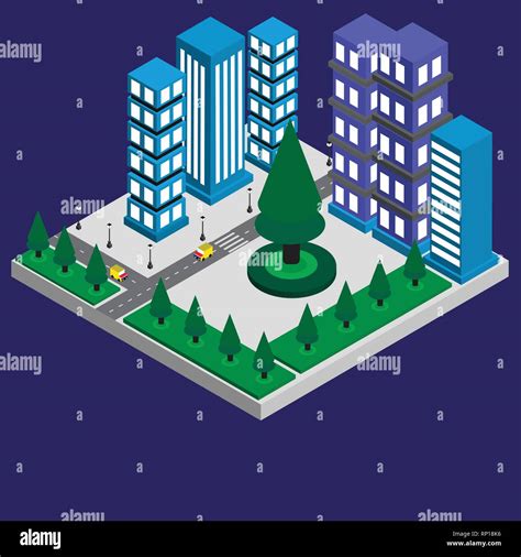 3D Building Of Modern Isometric City At Night Design With Blue