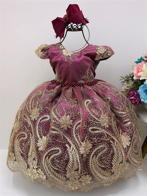 Vestido Infantil Marsala Renda Dourada Realeza Cinto Pérolas Rosa