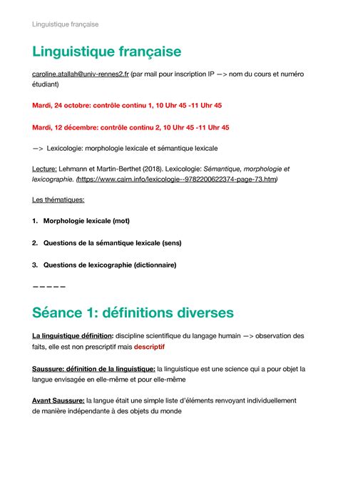 Notes CM linguistique Linguistique française caroline univ rennes2