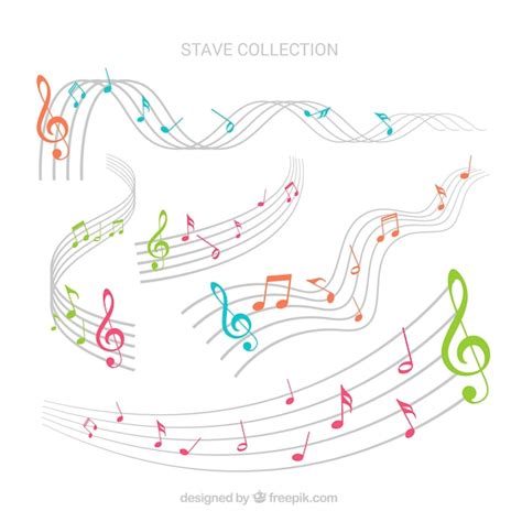 Colección de notas musicales de colores y pentagramas Vector Gratis