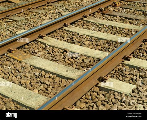 Close Up Of Railway Train Tracks Lines And Sleepers England Uk United