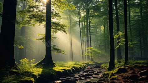 Sun Rays In The Forest Misty Morning In The Forest Morning In The