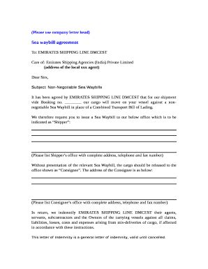 Sea waybill agreement Doc Template | pdfFiller