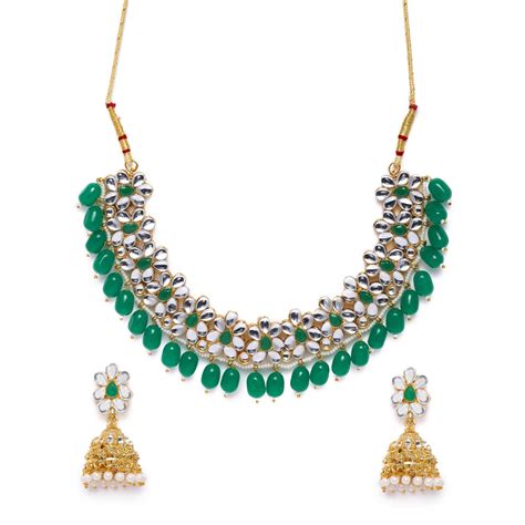 Zaveri Pearls Gold Tone Kundan Green Beads Floral Necklace Earring