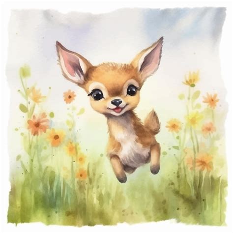 Mignon Petit Dessin Anim De Cerf Dans Un Style Aquarelle Vecteur Premium