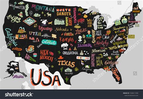 Vektor Stok Illustrated Map Usa Poster States Attractions Tanpa