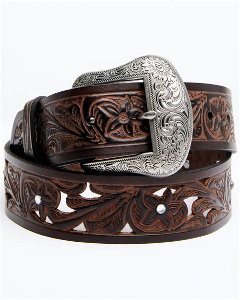 Shyanne Women S Brown Filigree Floral Cutout Tooled Leather Belt