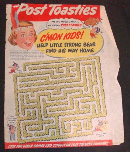 Viintage 1950s Post Toasties Cereal Box Little Strong Bear Maze Game