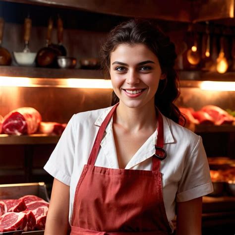 Premium Photo Smiling And Confident Female Butcher Selling Meat