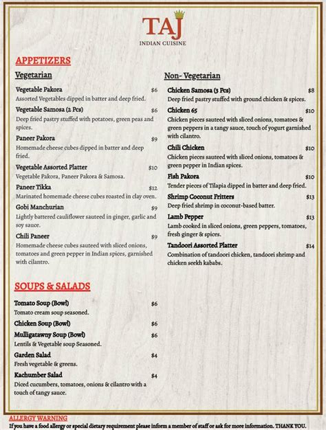 Menu at Taj Indian Cuisine restaurant, Hickory