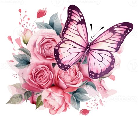 Watercolor Colorful Butterfly And Flower Png