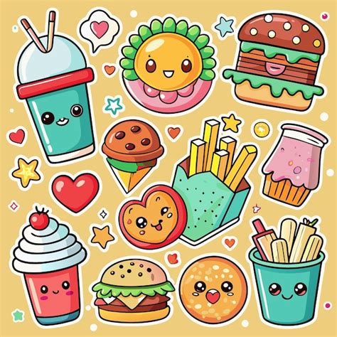 Cute Cartoon Fast Food Icons With Smiling Faces Premium Ai Generated