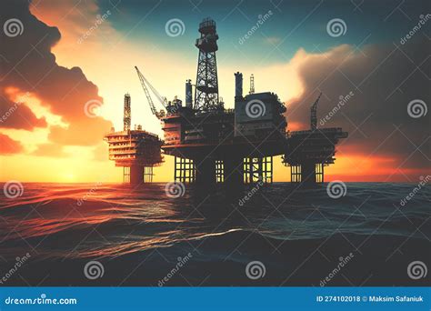 Offshore Oil and Gas. Oil Rig in Sea on Sunset, Stock Illustration ...