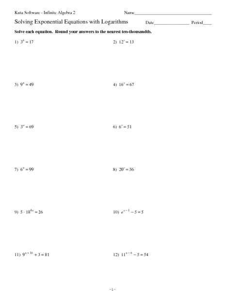 Solving Exponential Equations With Logarithms Worksheet For 11th 12th