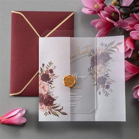 Burgundy And Gold Acrylic And Vellum Wedding Invitations Watercolor