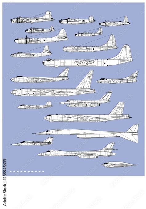 History of american bombers. Aircraft profiles. Outline vector drawing ...