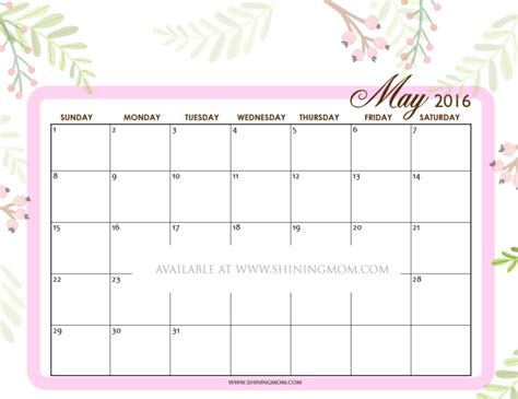 12 Free Printable Calendars For May 2016