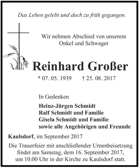 Traueranzeigen von Reinhard Großer trauer in thueringen de