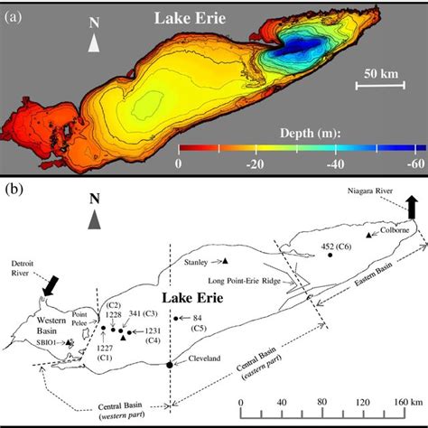 (a) Lake Erie bathymetry; (b) Lake Erie map with four forcing sections ...