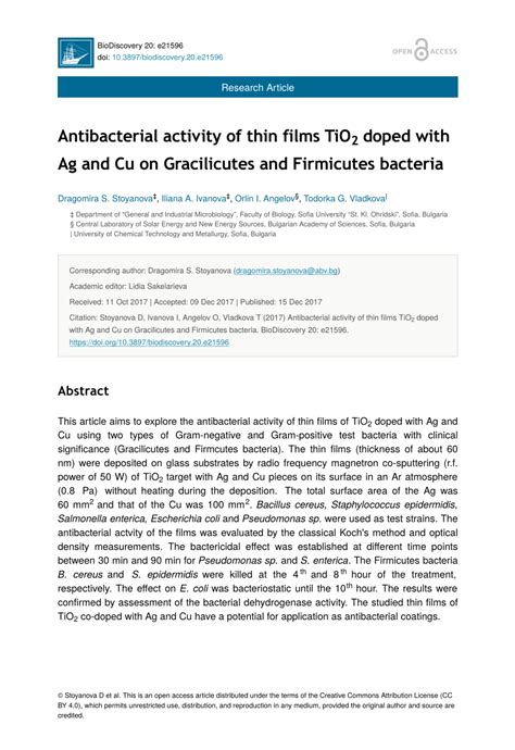 Pdf Antibacterial Activity Of Thin Films Tio Doped With Ag And Cu On