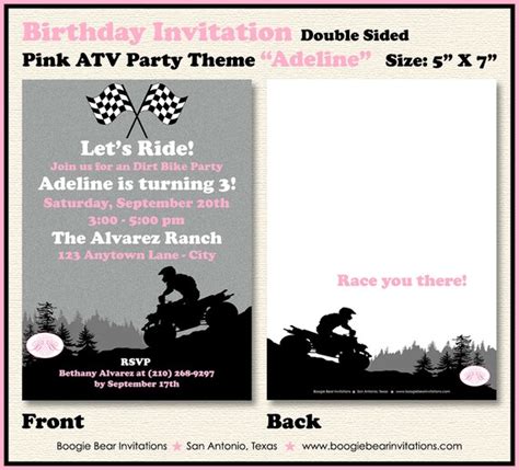 Pink Atv Birthday Party Invitation Girl All Terrain Vehicle Etsy