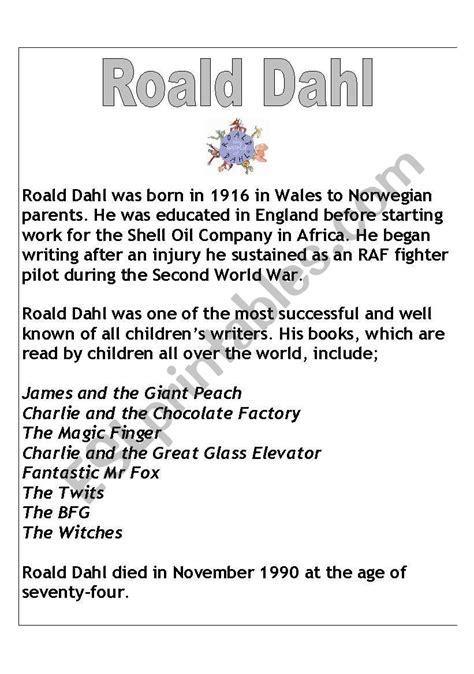 Roald Dahl biography - complete text - ESL worksheet by ChaniJ74