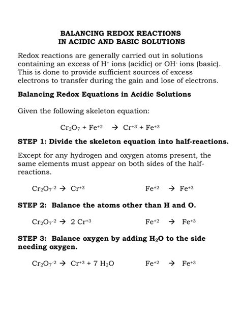 Balancing Redox Reactions In Acidic Solution