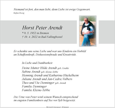 Traueranzeigen Von Horst Peter Arendt Trauer Anzeigen De