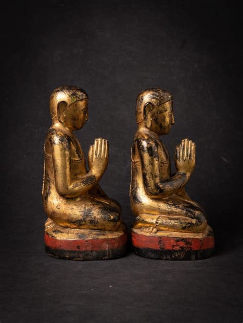 18th Century Pair Of Antique Wooden Burmese Monk Statues