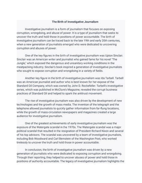 The Birth of Investigative Journalism Essay - The Birth of