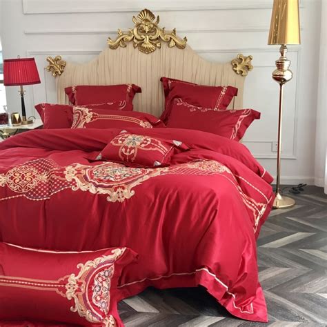 Red Luxury Wedding Style Golden Embroidery 100s Egyptian Cotton Bedding