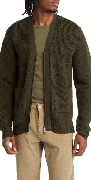 Officine Générale Merino Wool Zip Cardigan in Olive