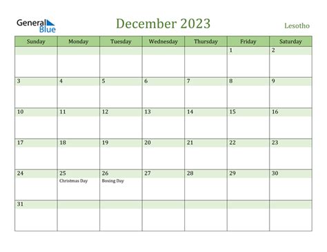 Lesotho December 2023 Calendar With Holidays