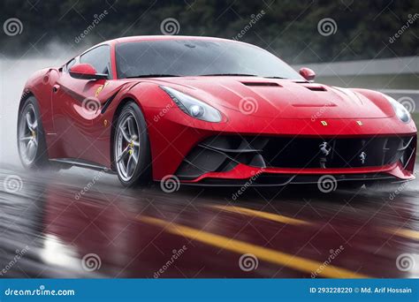 Ferrari F Berlinetta On Rainy Time Race On Road Supercar Water