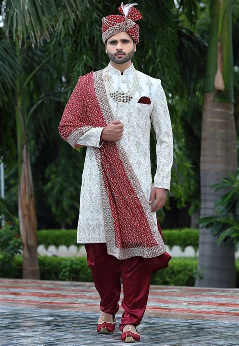 Woven Art Silk Sherwani In Off White Groomzstyle