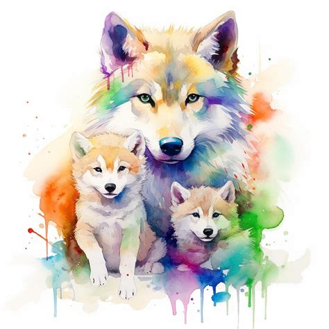 Premium Photo | Watercolor Wolf and Cubs Tattoo Design