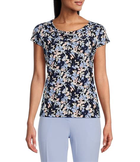 Kasper Petite Size Abstract Floral Print Cowl Neck Cap Sleeve Top