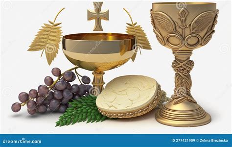 Holy Communion A Chalice Of Wine Bread Grapes And Ears Of Wheat On