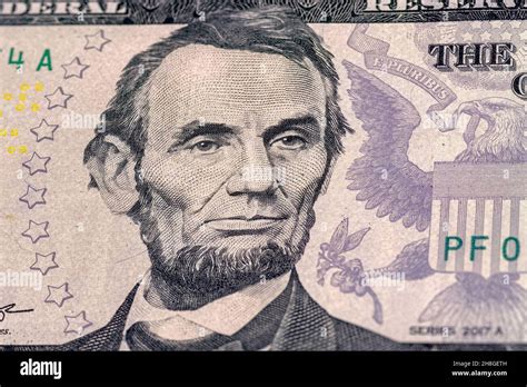 Close-up of 5 us dollar bill. Portrait of President Abraham Lincoln on ...