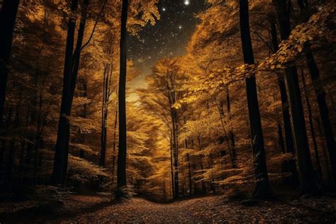 Premium AI Image | a forest in the woods under the autumn night sky