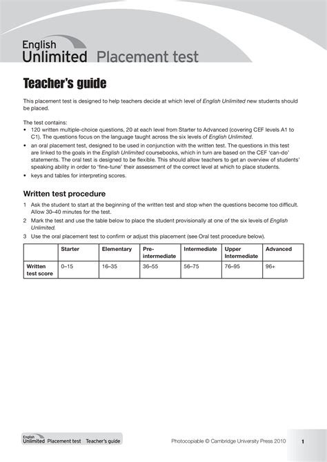 Cambridge English Unlimited Placement Test Teachers Guide