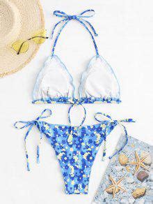 Zaful Floral Lettuce Tie Side Bikini Swimwear In Blue Zaful