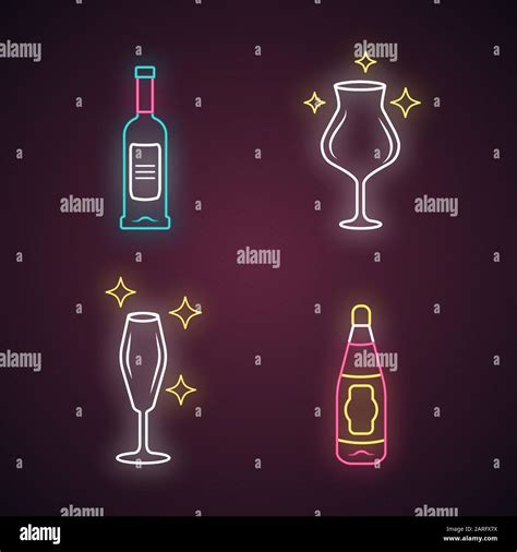 Alcohol Drink Glassware Neon Light Icons Set Glowing Signs Wine Service Empty Crystal Glasses