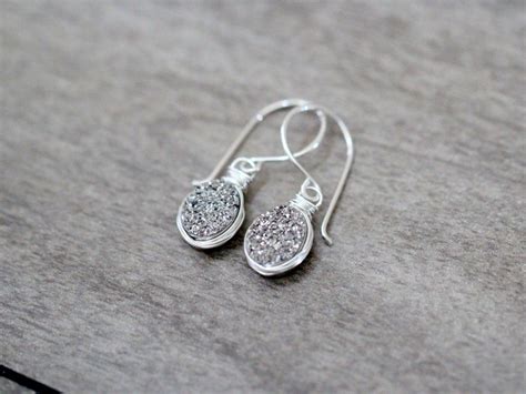 Druzy Silver Earrings Gray Dangle Bezel Wrapped Oval Drops In Etsy