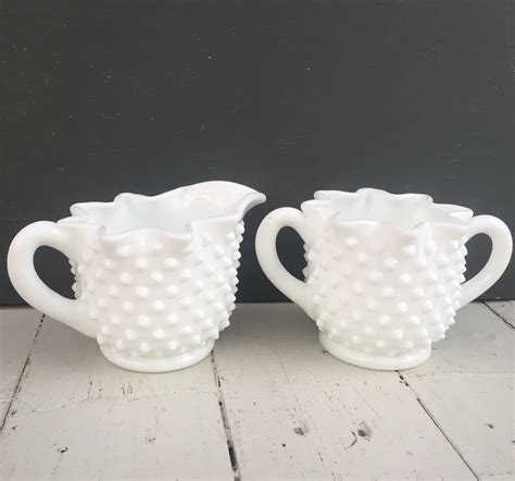 Vintage White Milk Glass Sugar And Creamer Set Vintage Hobnail Milk Glass Sugar And Creamer