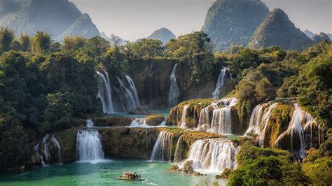 boat, waterfall, Vietnam, Detian Falls, forest, trees, lake, water, Quây Sơn River, landscape ...