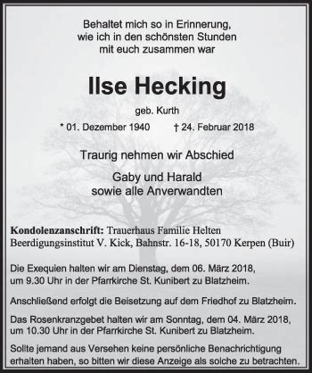 Traueranzeigen Von Ilse Hecking WirTrauern