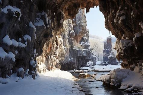 Premium Photo | Entrance to cave in mountain winter landscape