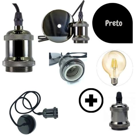 Kit Pendente Soquete E27 Retro Vintage Preto Lâmpada Filamento G125